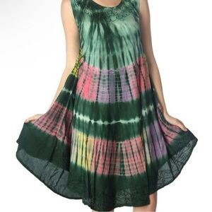 Jackpot‎ Green Colorful Tie Dye Sundress Embroidery One Size 100% Rayon